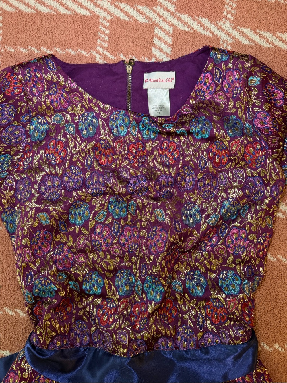 American Girl Purple Metallic Floral Fit-and-Flare Dress with Blue Sash - Picture 2 of 3